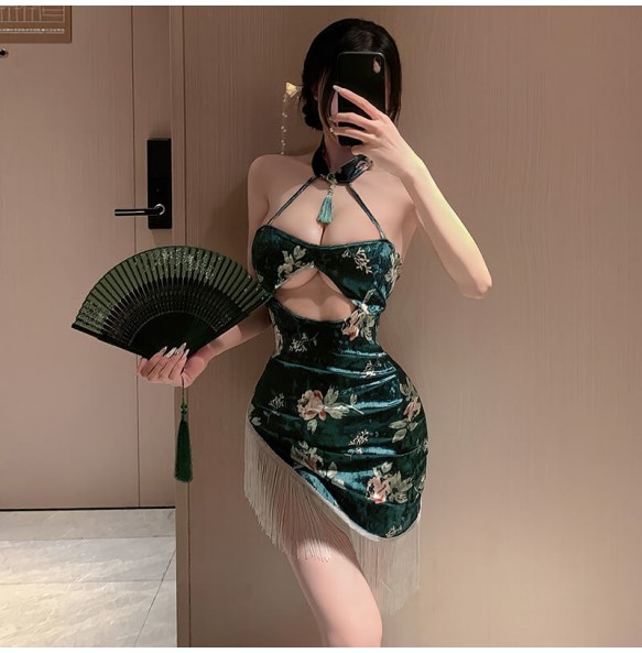 FEE ET MOI - Floral Velvet Cheongsam (Green)